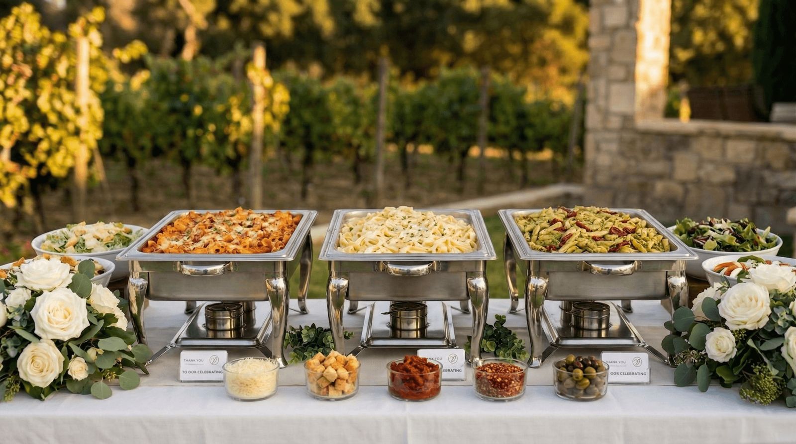 Catered pasta buffet with floral details