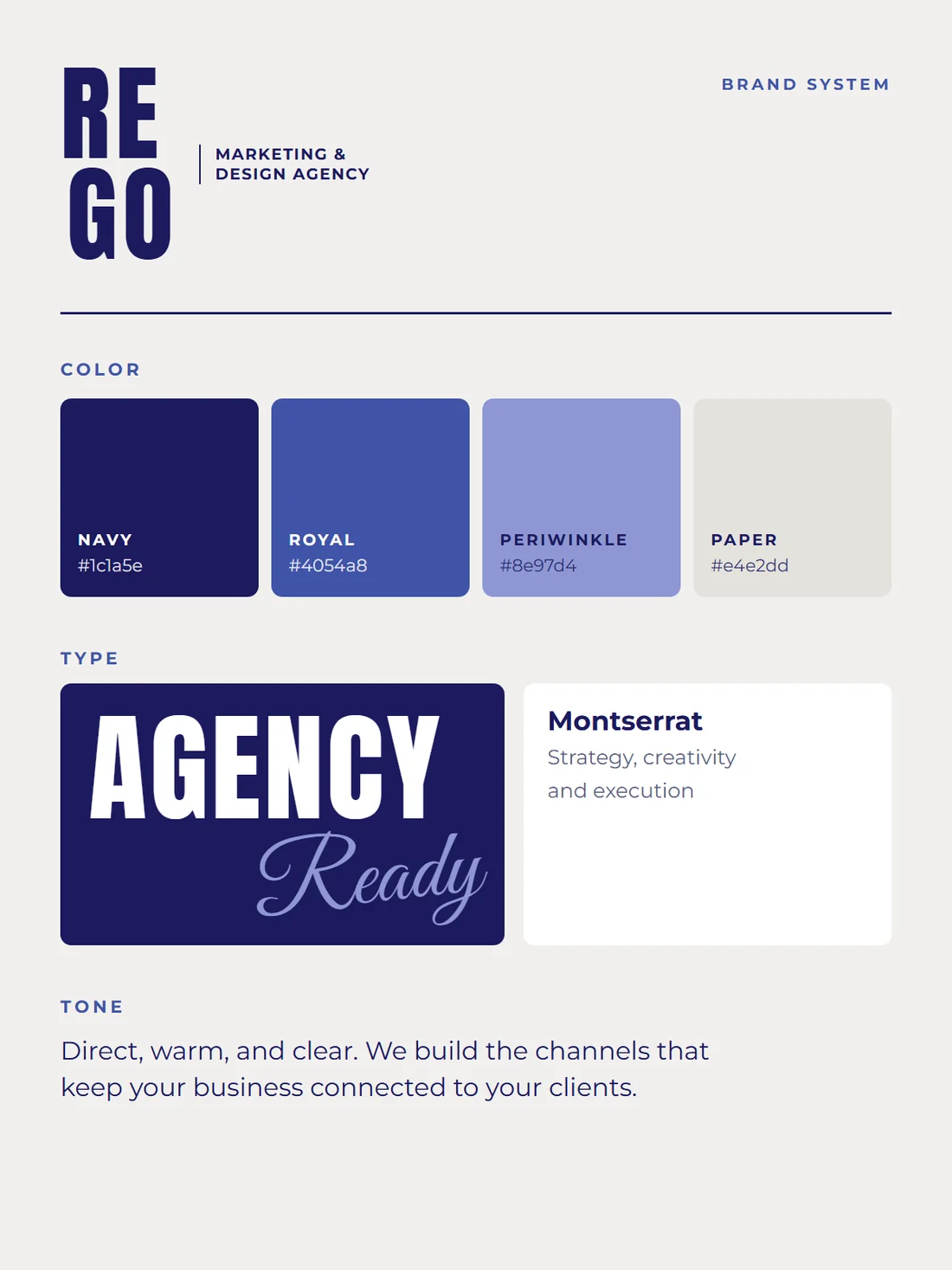 REGO brand board with the logo, a palette of navy, royal blue, periwinkle, and paper, and a type specimen