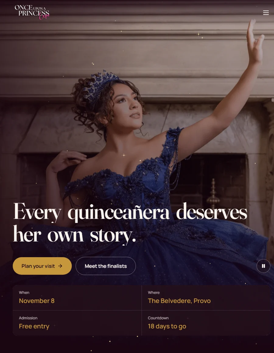 The home screen of the Once Upon a Princess expo website: a quinceañera in a blue gown, the headline Every quinceañera deserves her own story, and the event facts