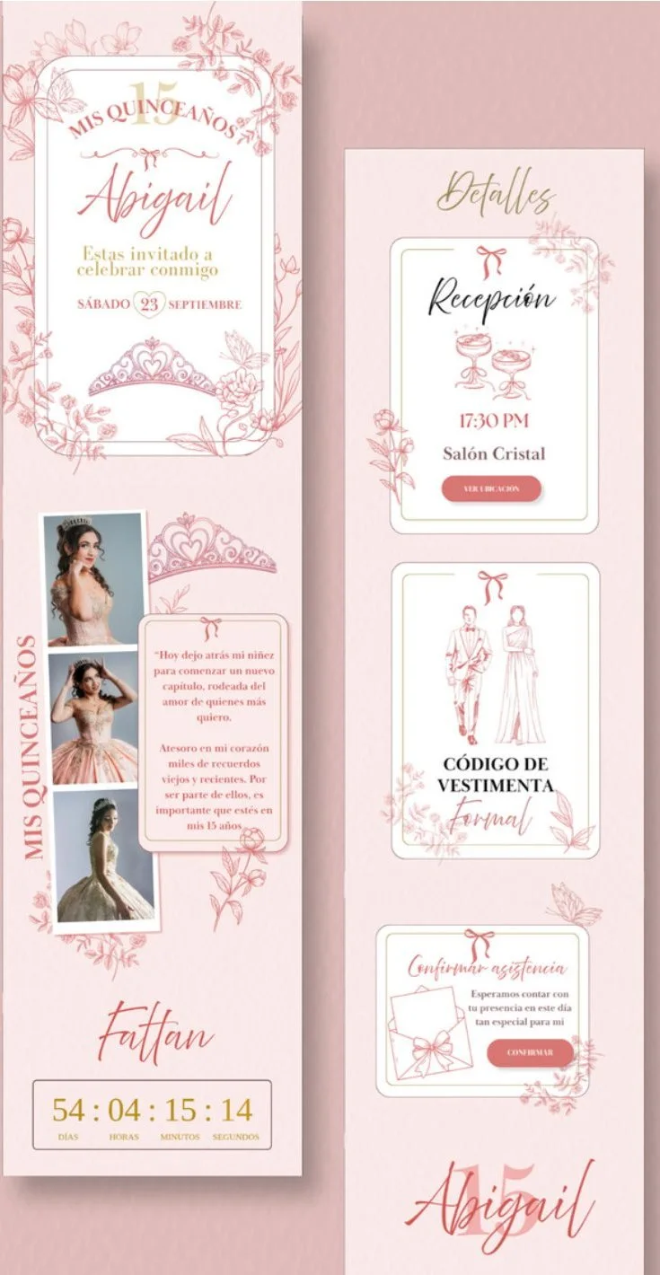 A pink digital quinceañera invitation with a reception card, a dress code, and a confirm button