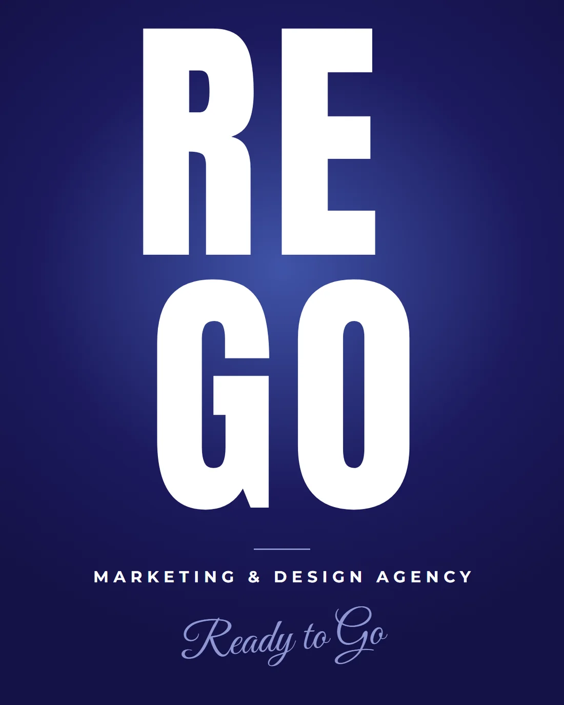 The REGO logo, RE above GO, with Marketing & Design Agency and the script words Ready to Go on a deep blue background