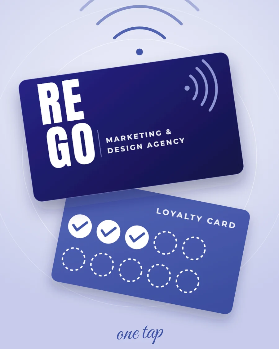 An illustration of a navy REGO business card with an NFC symbol and a blue loyalty card with stamps