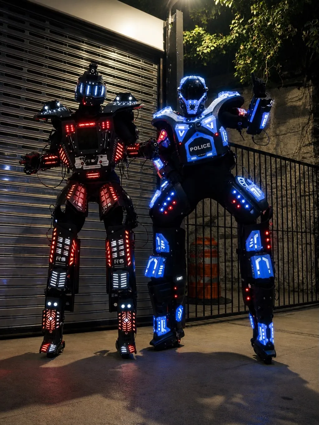 A red and a blue LED robot posing in front of a metal gate