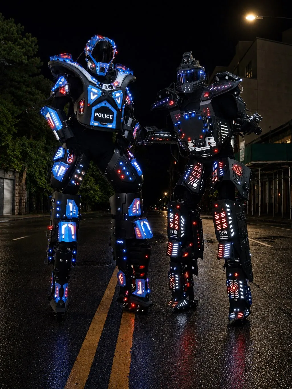 Two LED robots on a wet street at night