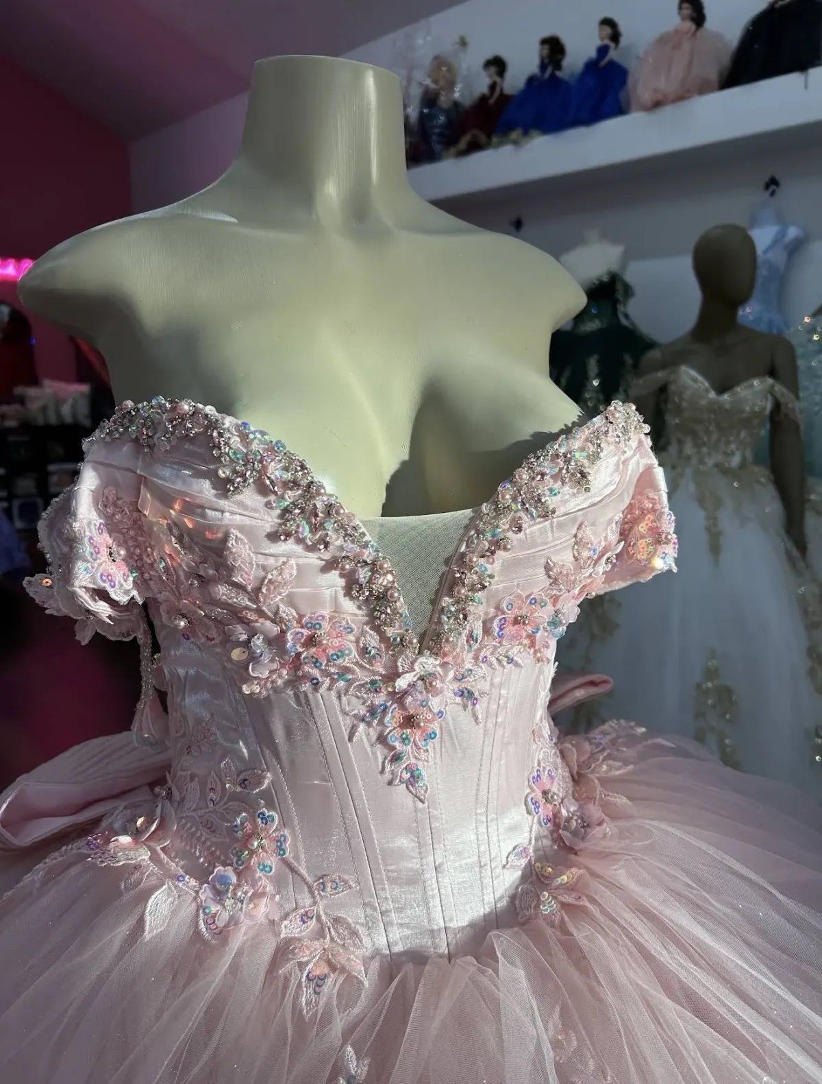 Beaded blush bodice with sequin flowers
