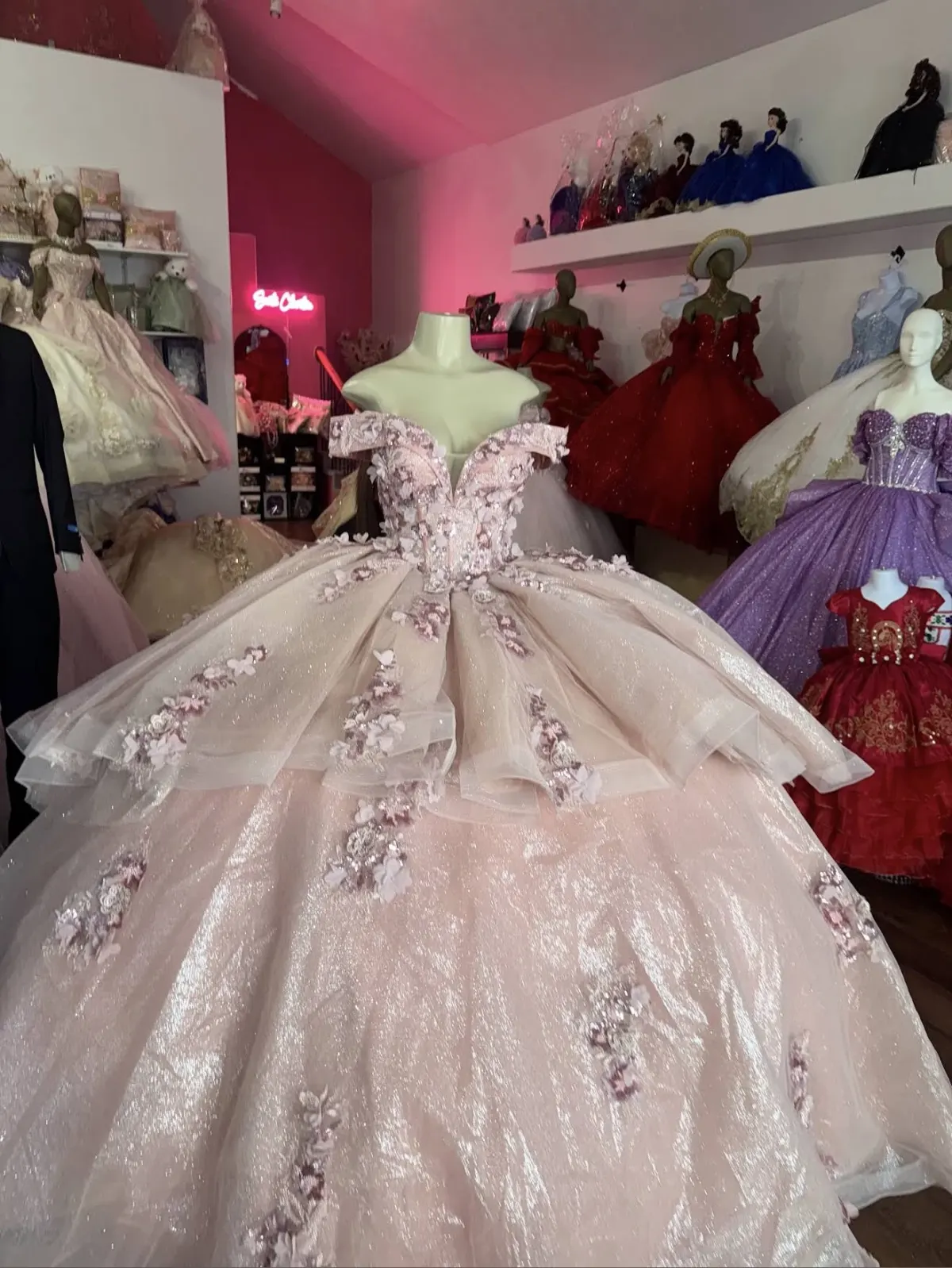 Blush pink quinceañera gown with 3D flowers on a mannequin
