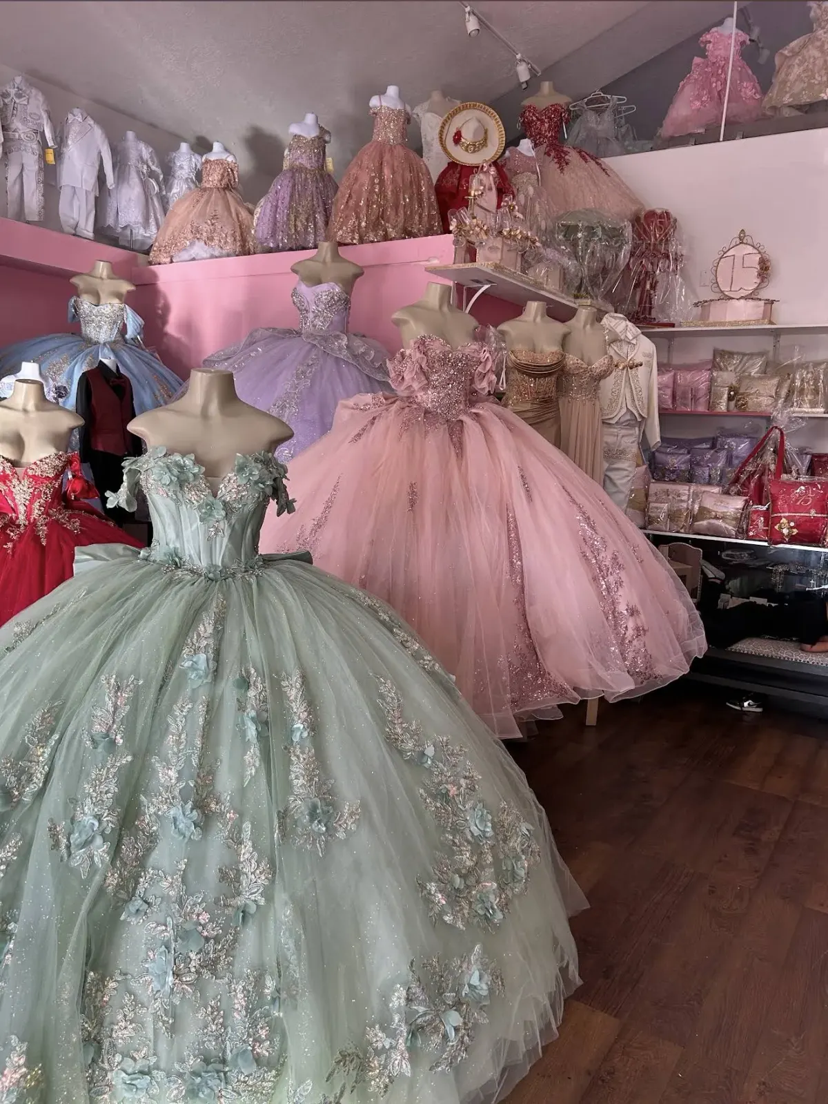 Quinceañera gowns on display inside Santa Clarita Quinceañera Shop
